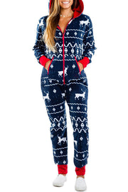 Christmas Print Zipper Pocketed Hooded Loungewear Jumpsuit