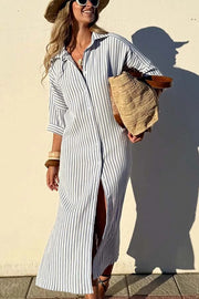 All-match Striped Button Up Half Sleeve Belted Pocket Shirt Midi Dress