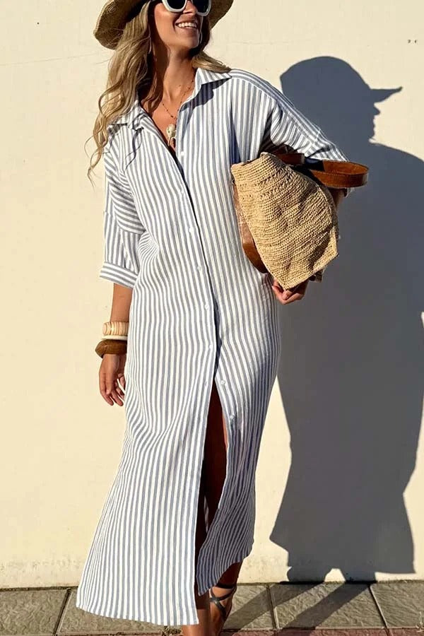 All-match Striped Button Up Half Sleeve Belted Pocket Shirt Midi Dress