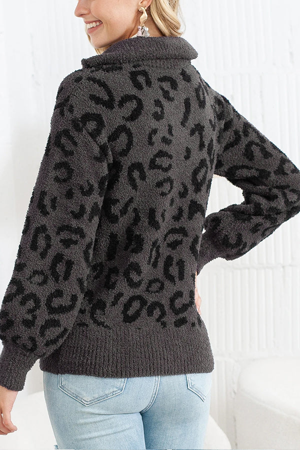 Casual Animal Print Zipped Collared Sweater