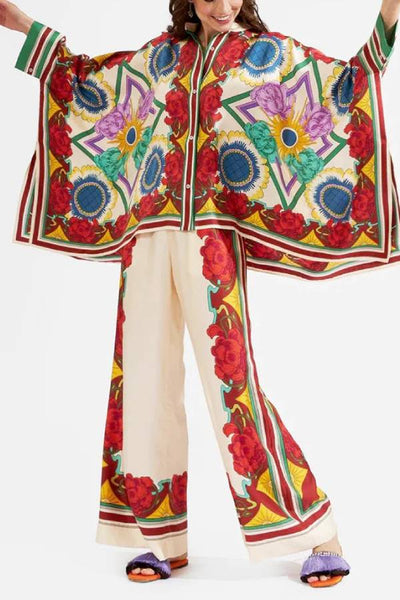 Fine Satin Floral Print Batwing Sleeve Pants Set - Red flowers