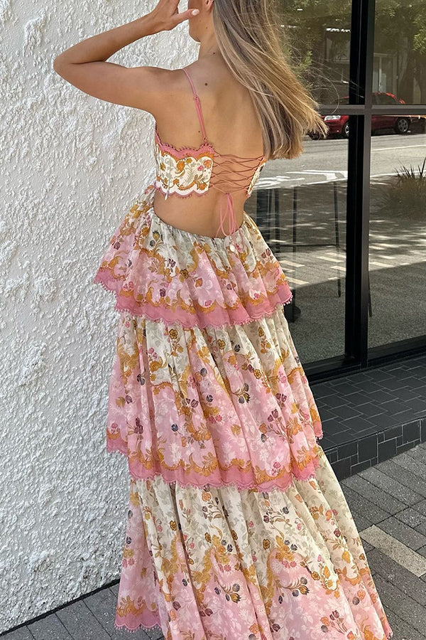 Charming Smile Floral Print Scalloped Lace-trim Back Tie-up Tiered Maxi Dress