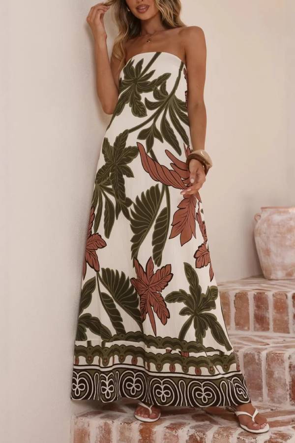 Tropical Leaf Print Strapless Straight Maxi Vacation Dress