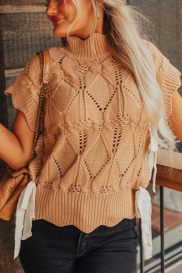 Light French Beige Hollowed Knit Scalloped Trim High Neck Sweater