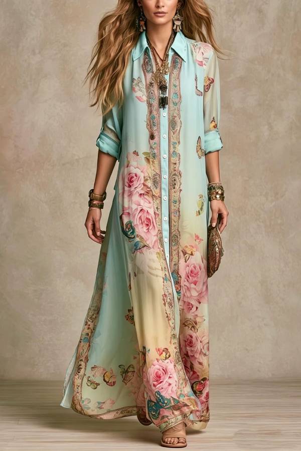 Mint Green Rose & Butterfly Print Collared Long Shirt Dress