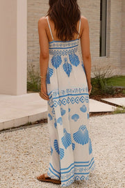 Shell Print Sling Pleated Holiday Maxi Dress