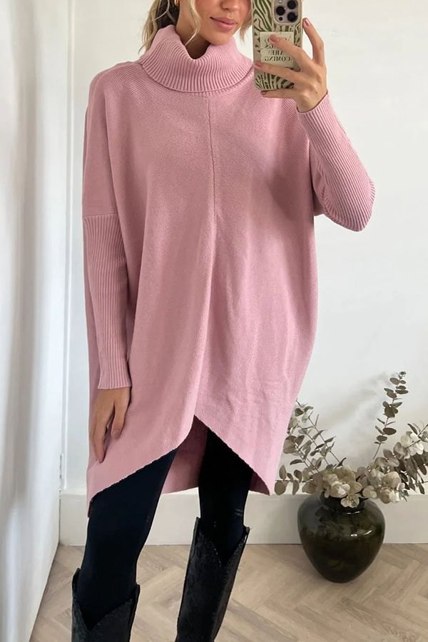 Perfect Winter Walks Knit Turtleneck High-low Hem Loose Midi Sweater