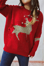 Christmas Pattern Knitted Crew Neck Long Sleeved Sweater