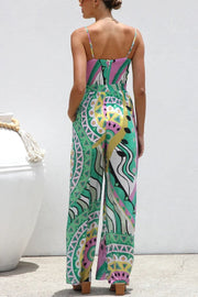 Unique Printed Suspender Back Pleated Pocket Wide-leg Jumpsuit