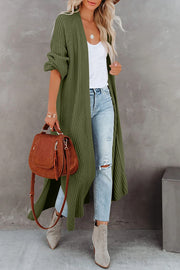 Pickle Green Cable Knit Side Slits Open Front Duster Cardigan