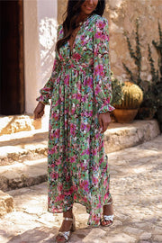 Green Floral Print Deep V Neck Ruched Cinched Waist Maxi Dress