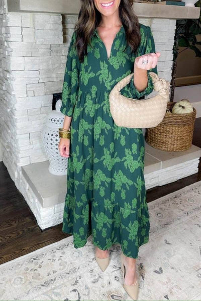 Floral print shirt collar mid-length dress