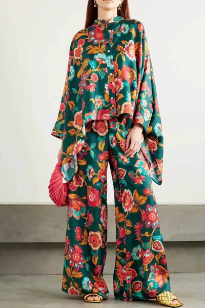 Fine Satin Floral Print Batwing Sleeve Pants Set - Olive green