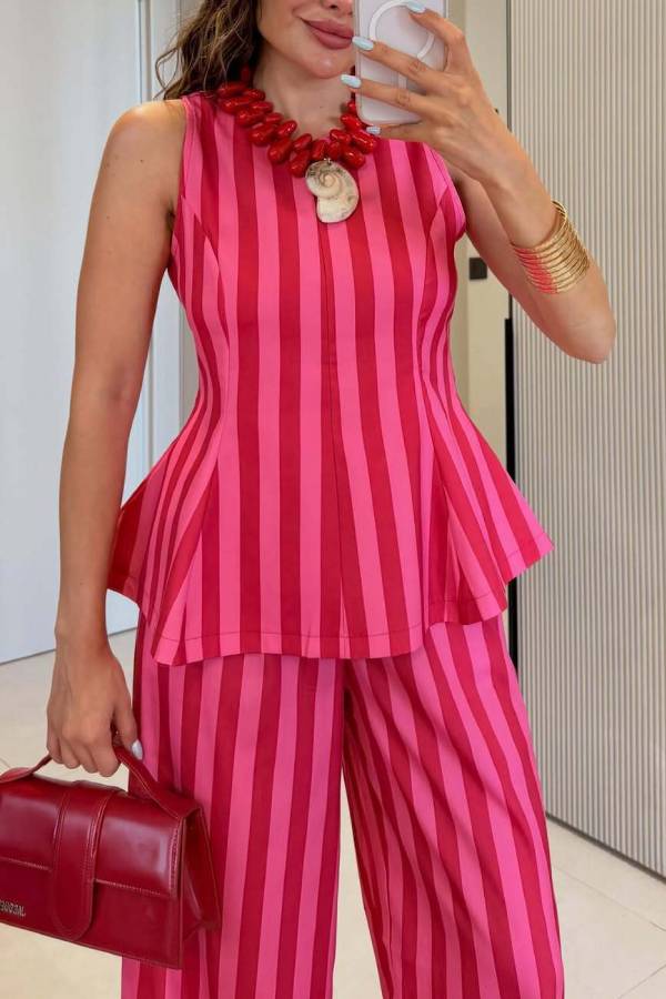 Sleeveless Striped Peplum Top & Wide Leg Pants Two Piece Set
