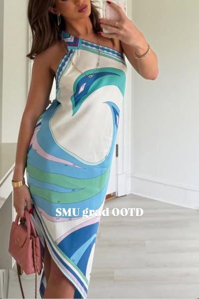 On Island Satin Unique Print One Shoulder Irregular Hem Vacation Midi Dress