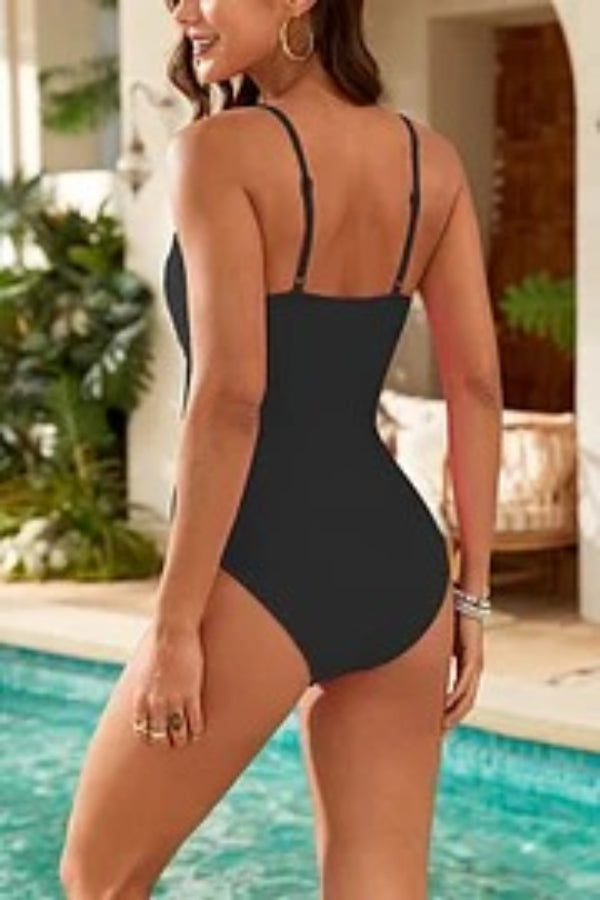 Fashionable Splicing Spaghetti Strap Metal Buckle One-piece Bikini Swimsuit