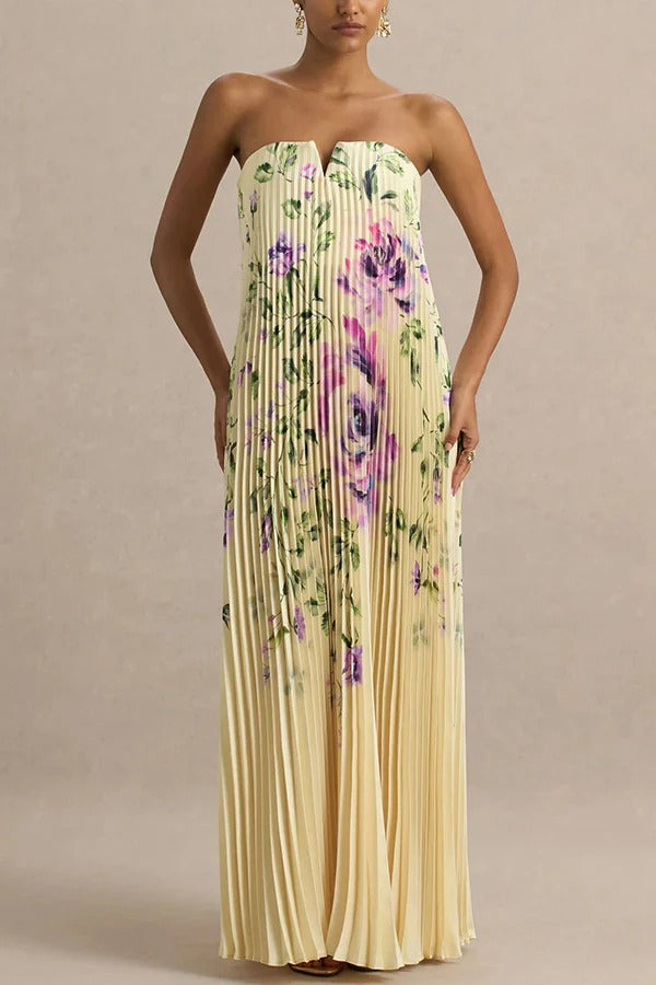 For Every Occasion Satin Pleated Floral Print V-wire Bandeau Neck Maxi Dress