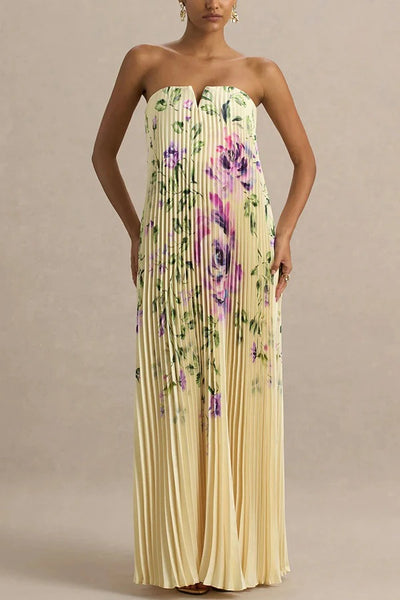 For Every Occasion Satin Pleated Floral Print V-wire Bandeau Neck Maxi Dress