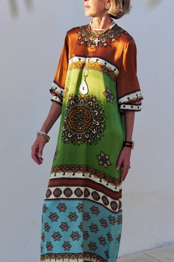 Bohemian Ethnic Printed 3/4 Sleeve Maxi Dress
