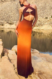 Like Sunset Mesh Gradient Metal Detail Cutout Halter Stretch Maxi Dress