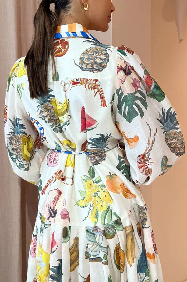 Tropical Fruit Print Balloon Sleeve Patchwork Shirt Midi Dress