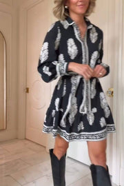 Black and white printed shirt dress with lantern sleeves