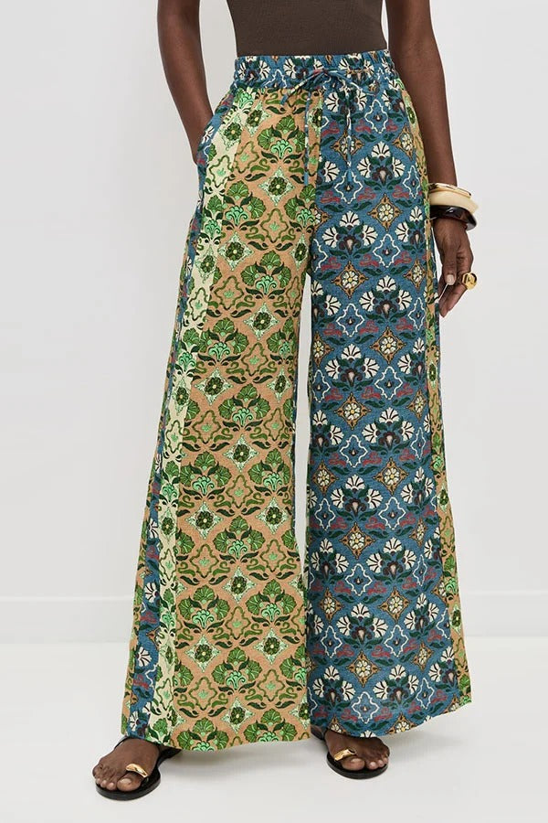 Colorblock Linen Blend Floral Print Short Sleeve Loose Blouse and Elastic Waist Pocket Wide Leg Pants Set