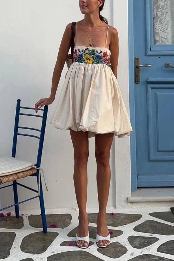 Exquisite Printed Suspender Lantern Mini Dress