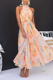 Halter Open Back Waisted Beck Print Maxi Dress