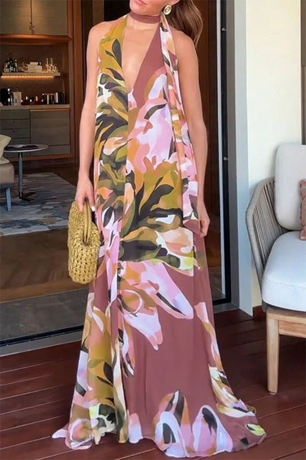 Beachside Bliss Floral Print V-neck Scarf A-line Maxi Dress