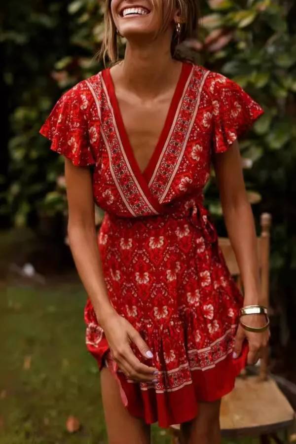 Ethnic print V-neck ruffle dress