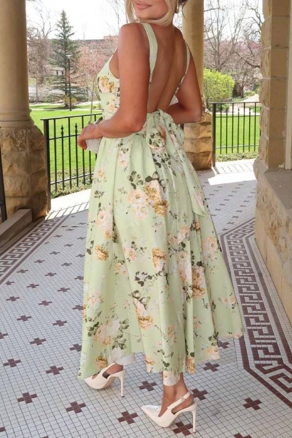 Elegant Floral Print Square Neck Midi Dress