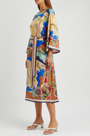 Unique Print Boat Neck Bell Sleeve Belt Pocketed Midi Dress