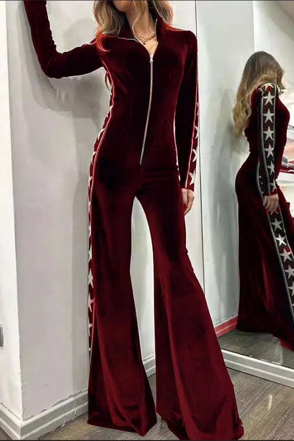 Star-print Velvet Patchwork Zipped Wide-leg Jumpsuit