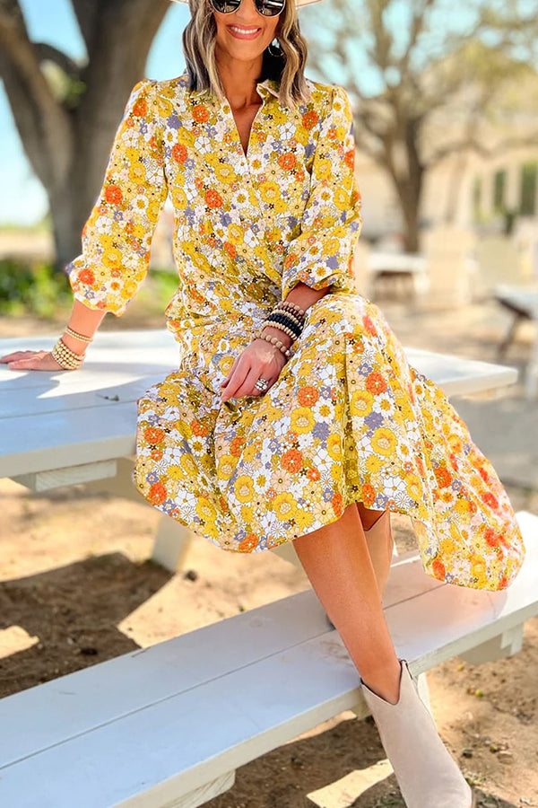 Boho Floral Collared Long Sleeve Dress