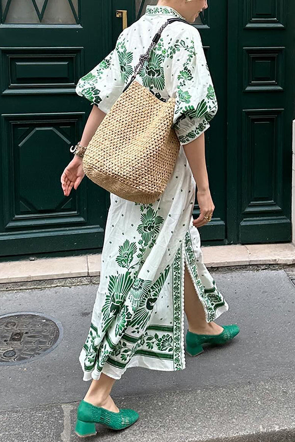 Unique Print Button Down Long Sleeve Shirt Maxi Dress