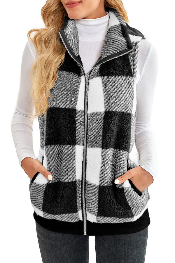 Plaid thickened double-sided velvet cardigan vest stand collar sleeveless vest jacket