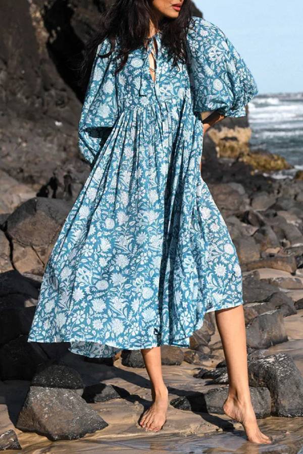 Bohemian Puff Sleeve Floral Print Loose Dress