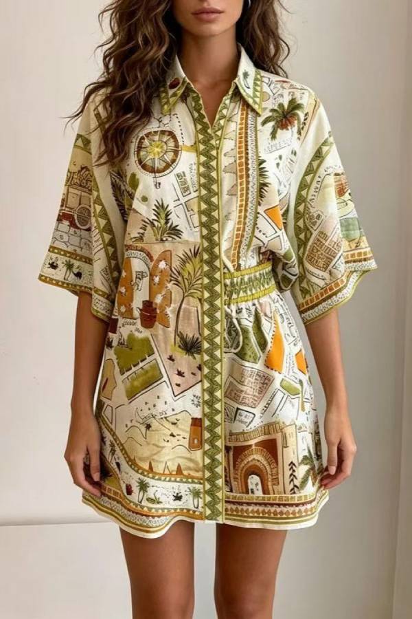 Retro Map Print Loose Shirt & Shorts Two-Piece Set