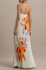 For Every Occasion Satin Pleated Floral Print V-wire Bandeau Neck Maxi Dress