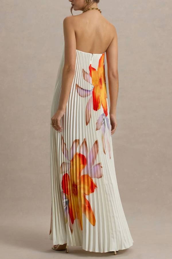 For Every Occasion Satin Pleated Floral Print V-wire Bandeau Neck Maxi Dress