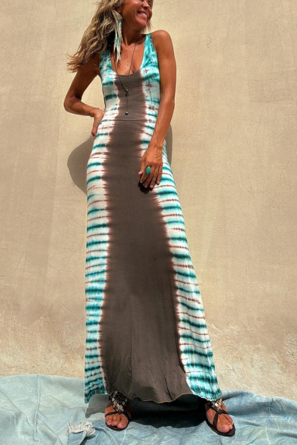 Nil Tie-Dye Print Back Lace-Up Stretch Maxi Dress