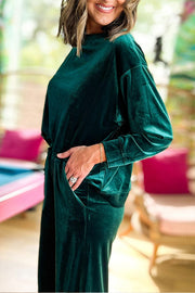 Blackish Green Velvet Long Sleeve Top & Wide Leg Pants Set