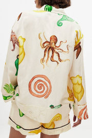 Fun Resort Linen Blend Unique Print Long Sleeve Shirt and Elastic Waist Pocket Shorts Set