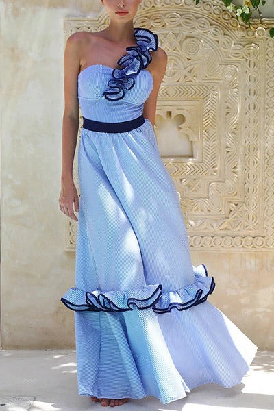 Striped Print Elegant Ruffle Trim Vacation Maxi Skirt