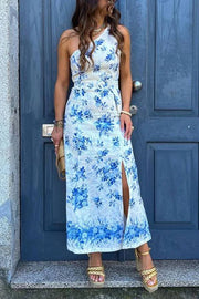 Elegant Vacation Shoulder Slit Print Two-piece Set