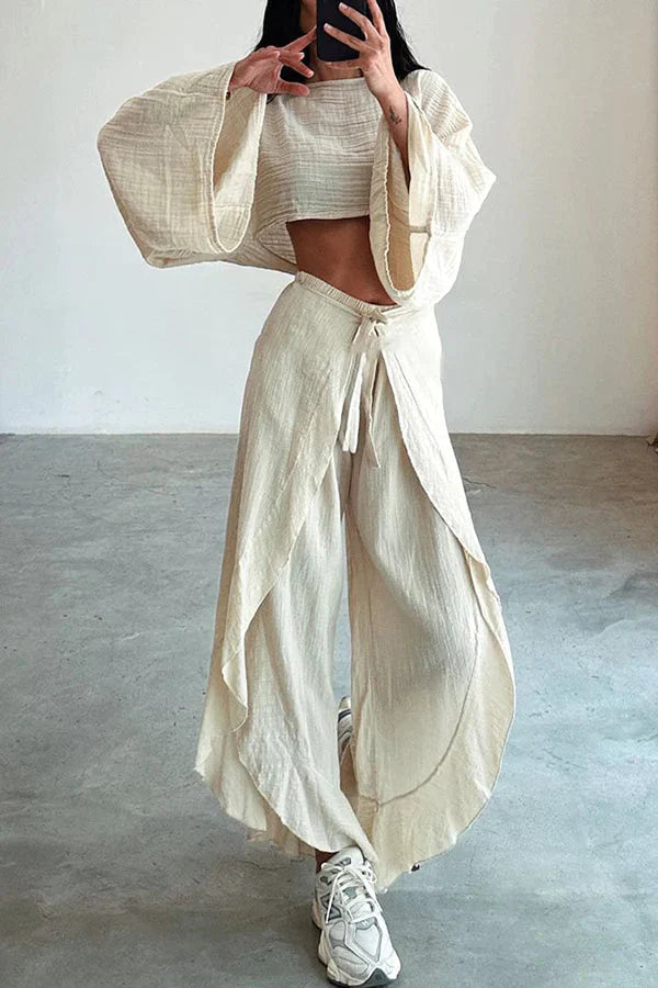 Ideal for Holidays Linen Blend Crop Top and Elastic Waist Tie-up Ruffle Pants Set