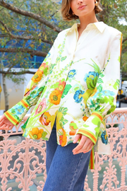 Satin Floral Print Back Tie-up Button Down Oversized Blouse