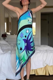 Naughty Lady Satin Unique Print One Shoulder Irregular Hem Vacation Midi Dress
