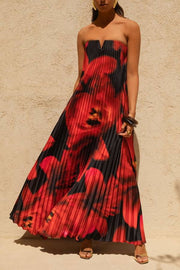 For Every Occasion Satin Pleated Floral Print V-wire Bandeau Neck Maxi Dress
